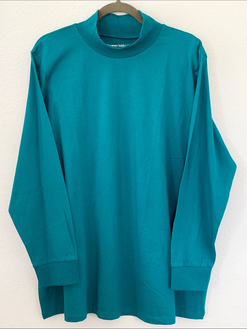 Woman Within 1X 22/24 Teal Mock Neck Long Sleeve Cotton Top EUC